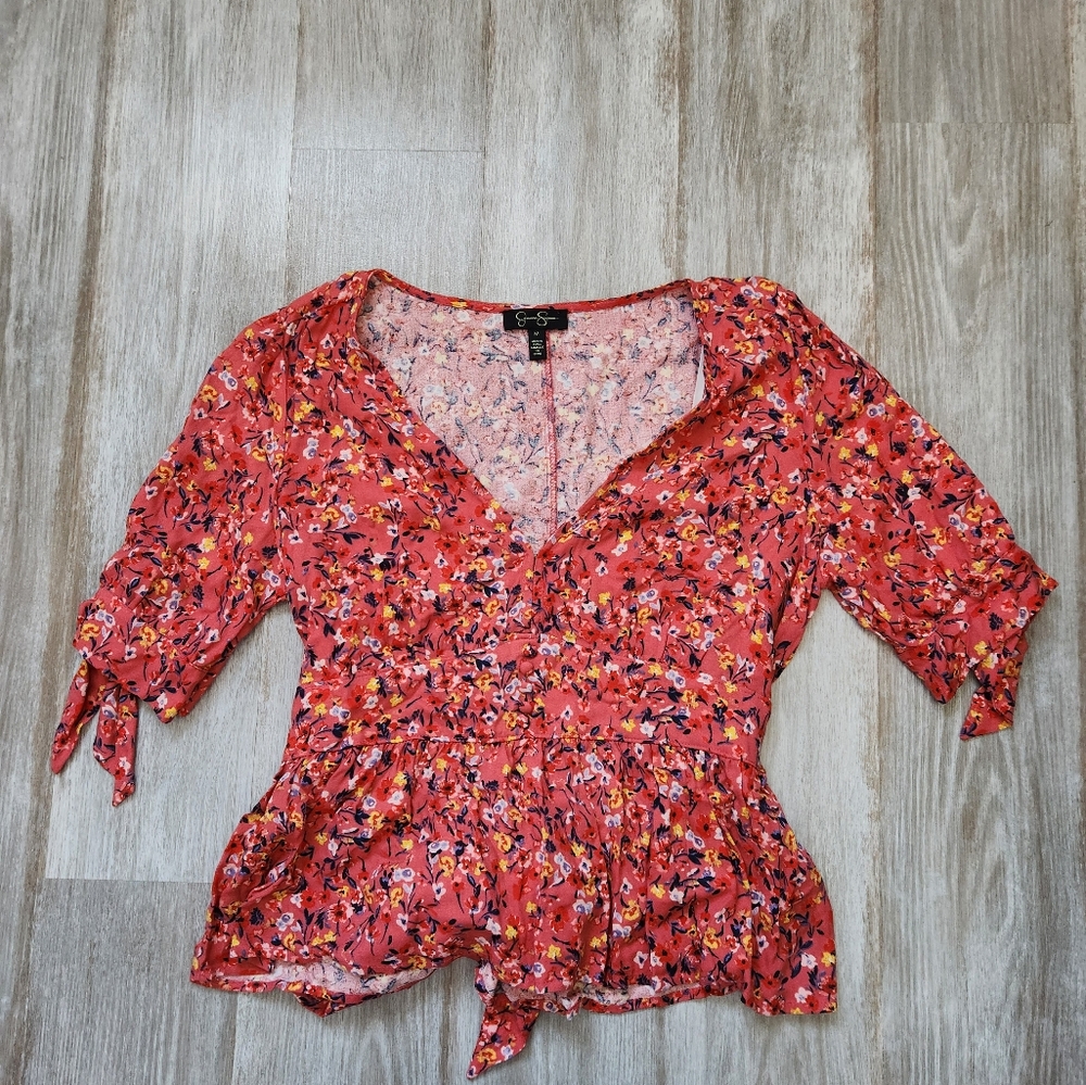 Jessica Simpson Womens Briana V Neck Tie Waist Peplum Top Coral Floral Medium